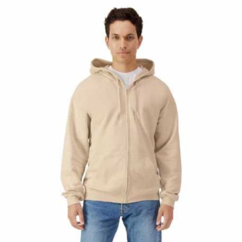 Gildan Tan Zip Up Sweater with Hood and Ribbed Cuffs